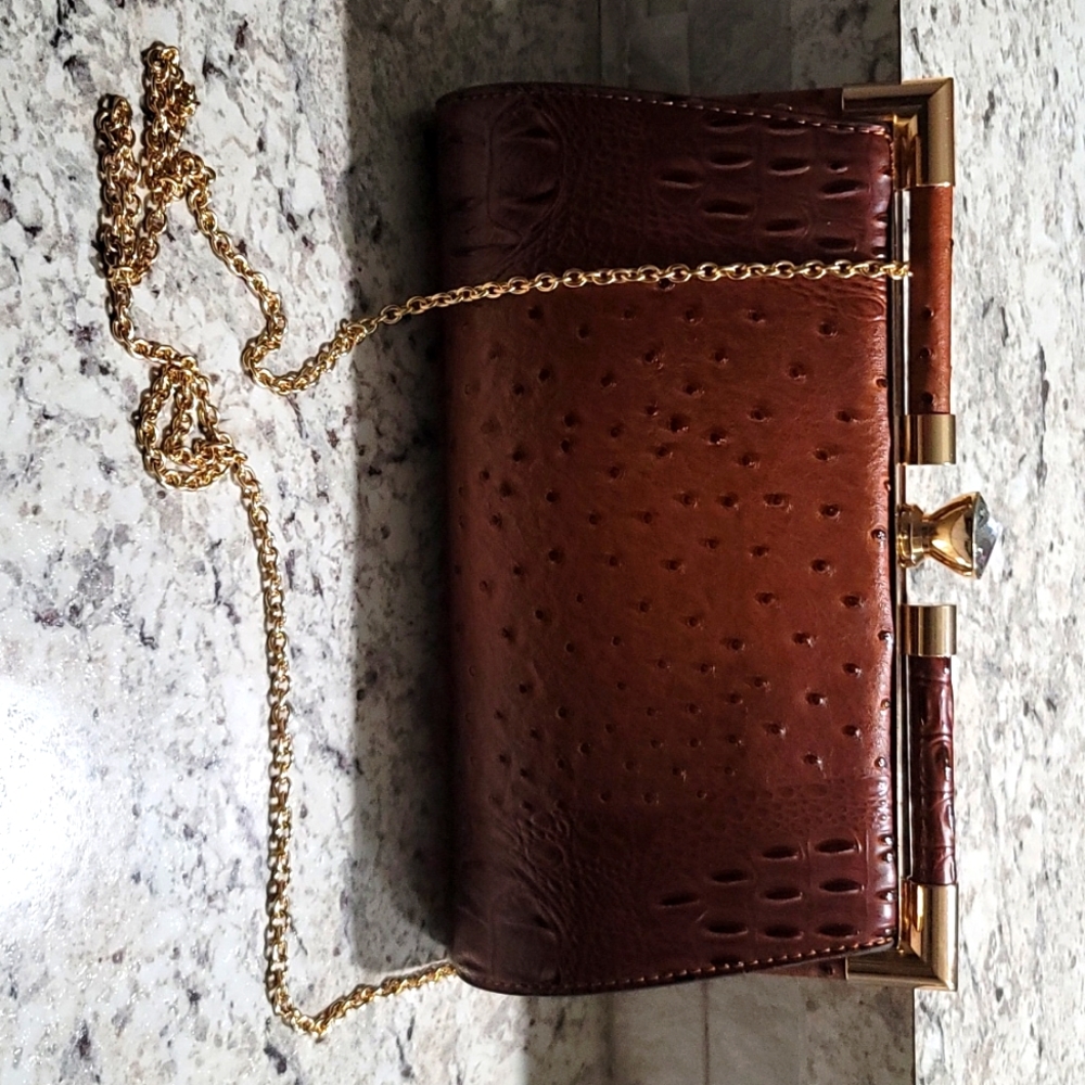 Brand new Le Miel Ostrich Embossed Crystal Clasp Large clutch with straps